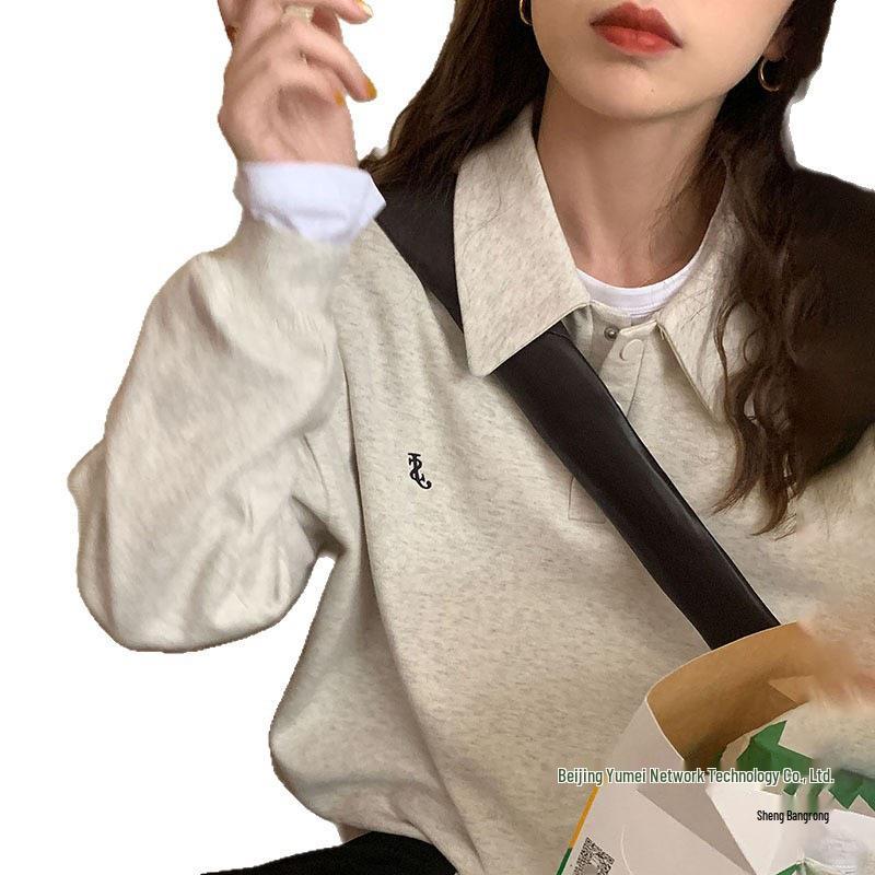 American Retro Gray Straight-Shoulder No-Hood Women's Sweatshirt - Autumn Thin Style, Petite Fit, Loose and Casual