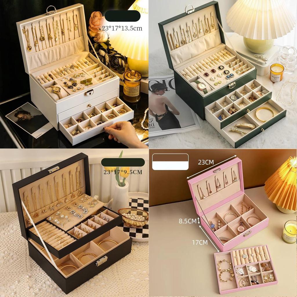 Classic Leather Jewelry Box With Multiple Layers For Elegant Storage Of Earrings Rings And Necklaces