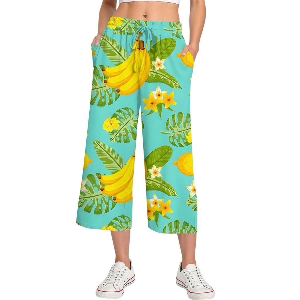 Damen Sommer Hohe Taille Bedruckte Freizeit-Sportbekleidung Lässige Cropped-Hose Weite Hose