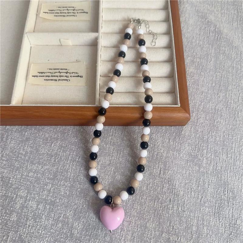 Fashion Cute Candy Color Heart Pendant Resin Beaded Choker Necklace For Women Girls Trendy Goth Vintage Aesthetic Accessories