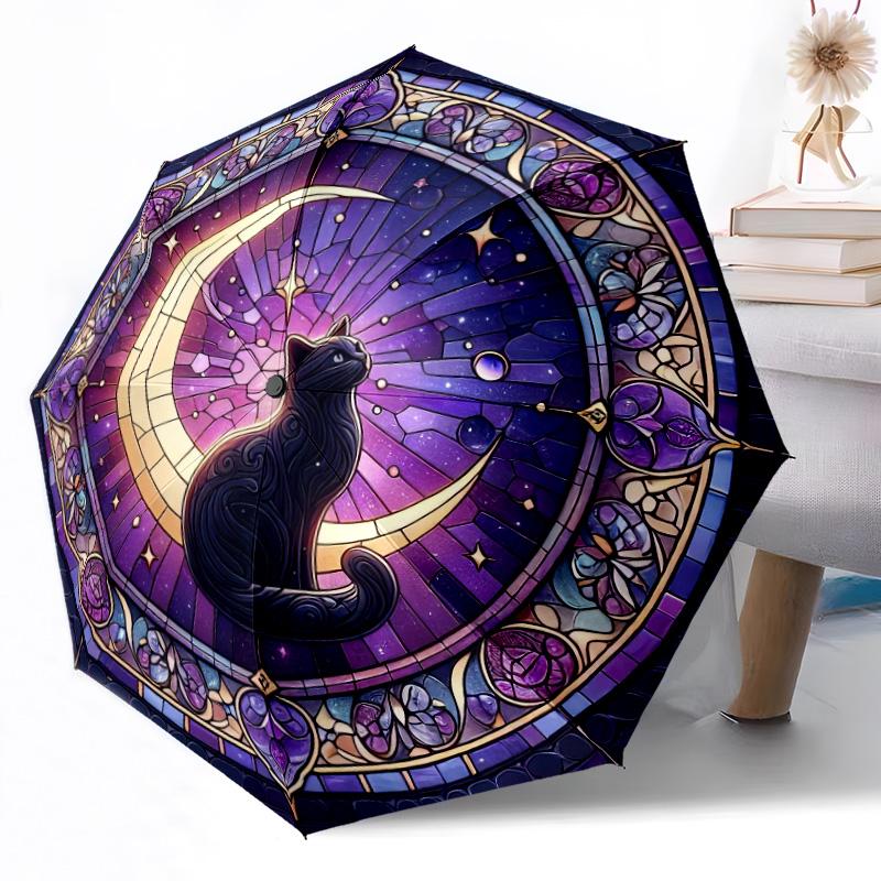 Mystische Schwarze Katze Mondsichel Automatischer Outdoor-Regenschirm Einziebares Design mit 8-Speichen-Haltbarkeit Leicht Perfektes Geschenk für Freunde Familie