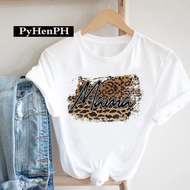 European Leopard Print Mom TShirt Korean Version ShortSleeved Base Shirt Fashion Creative Family Clothing for Women