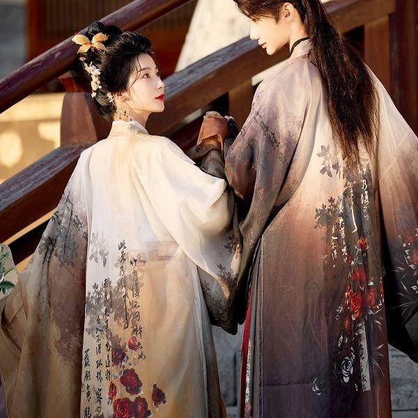 Seria Ink Rose w stylu chińskiej dynastii Song, kołnierz krzyżowy, długość do talii, nadruk, romantyczny garnitur dla mężczyzn i kobiet