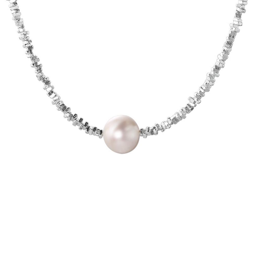 Shiny Silver Single Pearl Necklace Simple Versatile Alloy Necklace Clavicle Chain Jewelry Accessory for Women