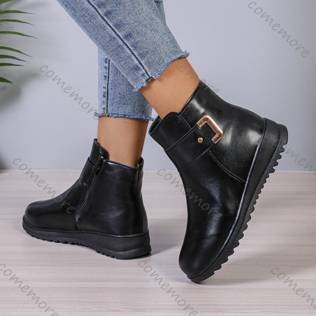 Comemore Casual Warm Ankle Boots for Women Winter 2025 Leisure Soft Leather Side Zipper Versatile Plush Short Botas Femininas
