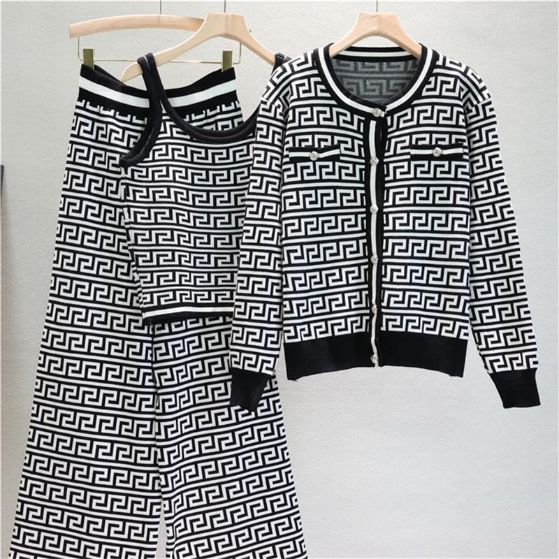 Autumn And Winter Jacquard Knitted Cardigan Women's Suit Jacket Vest And Pants Three Piece Set