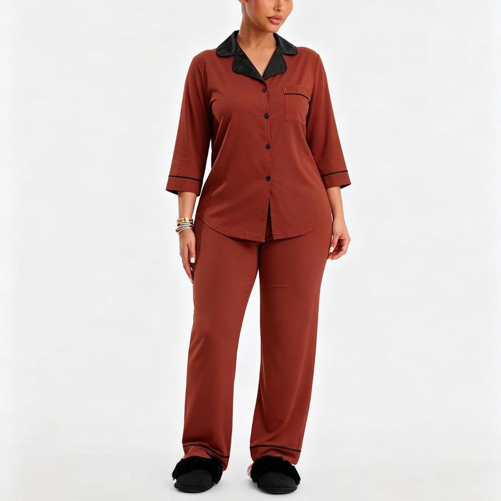 Europäischer und Amerikanischer Gestreifter Cardigan Pyjama Set - Damen Zweiteiliges Langarm Oberteil und Hose für Herbst und Winter