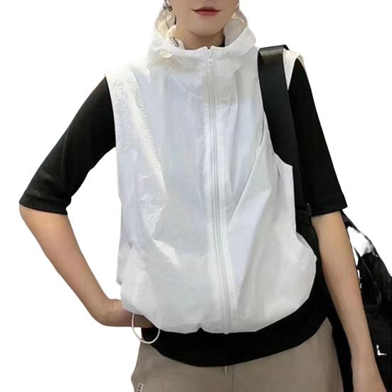 

Женский кардиган с капюшоном и застежкой-молнией без рукавов, подол на шнурке, сплошной цвет, свободная защита от солнца, повседневный спортивный жилет для повседневной жизни L белый