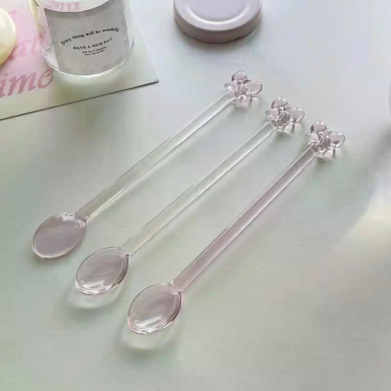 Pink Bow Glass Coffee Spoon, Long-handled Dessert/milk Tea Stirring Spoon, Heat-resistant Teaspoon, Household Kitchen Tool.