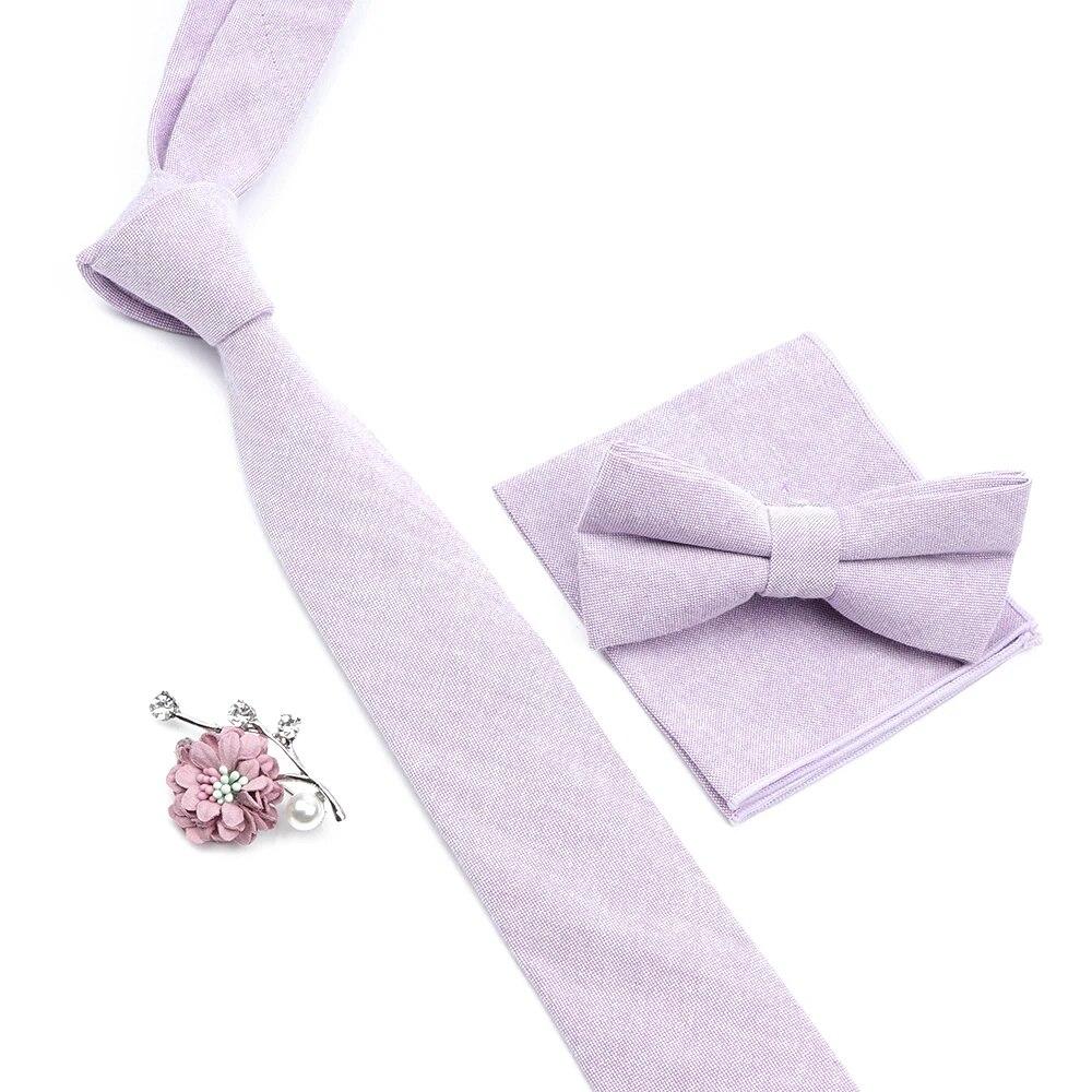 Solid Color Cotton Necktie Set For Men Tie 4pcs Hanky Cufflinks Rhinestone FLoral Brooch Tie Set