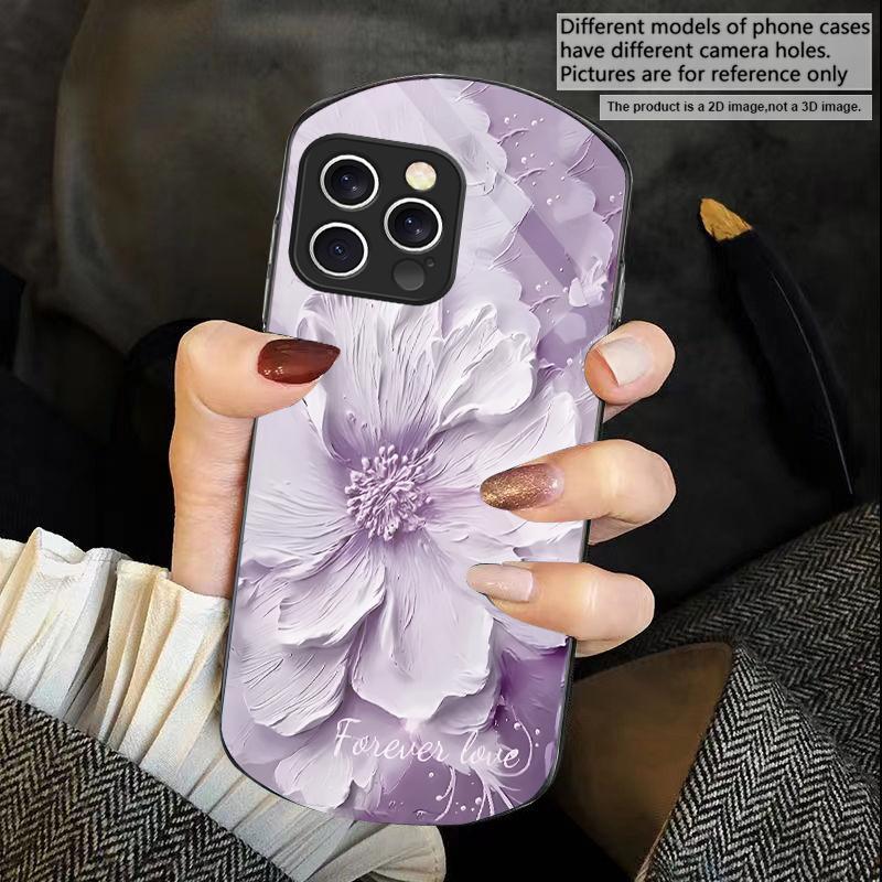 Plants in Oil Painting For iPhone 16 15 14 Pro 13 Plus 12 mini 11 13Pro Max XR X S 7 8 6 Elliptical Tempered Glass Phone Case