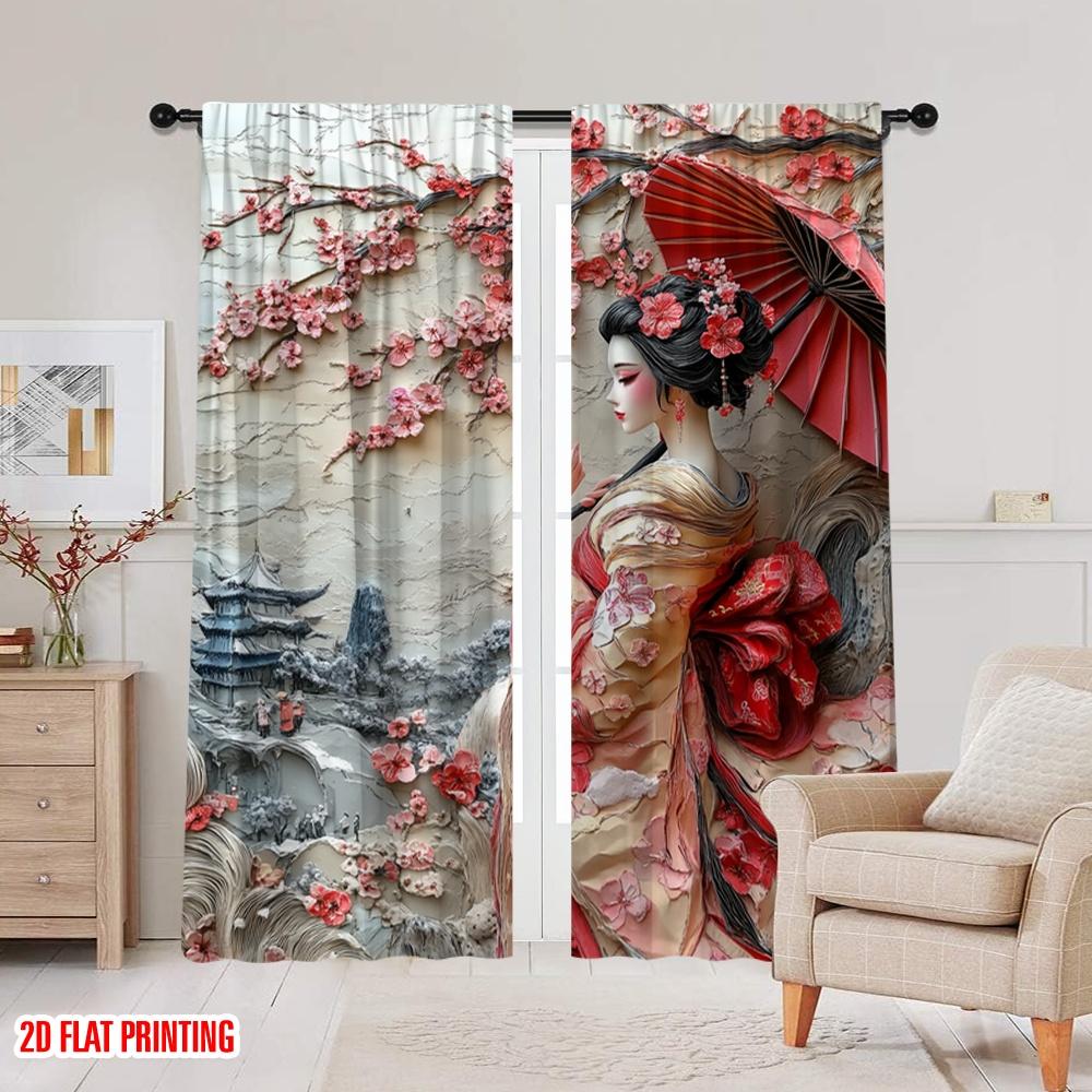 2pcs Spring party Curtain Vintage Japanese Geisha Polyester,Without Electricity Versatile Perfect for bedroom living room