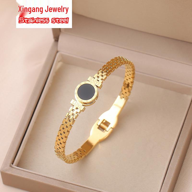 18K Gold Korean-Style Titanium Steel Women's Bracelet - Roman Bangle with Cold Style Niche Design