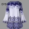 Women Top Flower Print Horn Sleeve A Line Loose Hem Lace Up Round Neck Slim Fit Tight Waist Contrast Color Lady Spring Fall Blouse Top