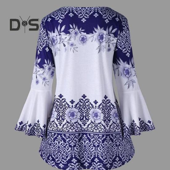 Women Top Flower Print Horn Sleeve A Line Loose Hem Lace Up Round Neck Slim Fit Tight Waist Contrast Color Lady Spring Fall Blouse Top