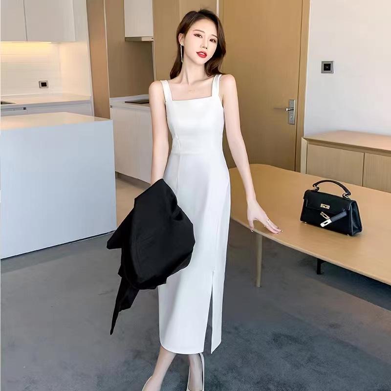2024 Slimming Black Suspender Skirt Dress: Summer Temperament, Medium-Long Slit
