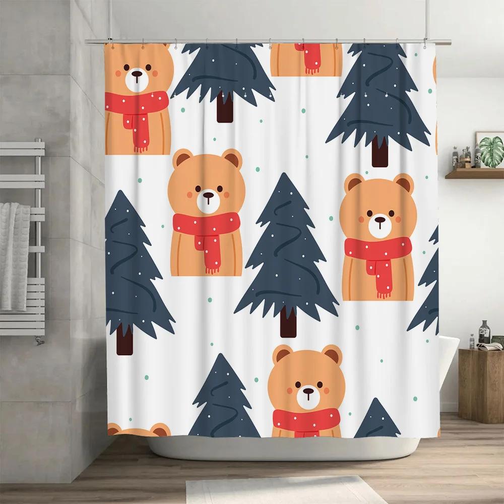 Christmas-themed Shower Curtain with Bear Pine Tree Print for Bathroom Decoration Waterproof Fabric 180x245cm   Blue Editions