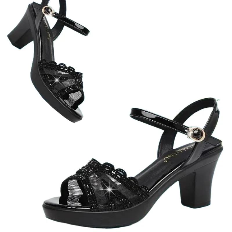 2025 Shoes Female Peep Toe Women's Sandals Fashion Office & Career Sandals Women Chunky Heels Buckle Strap Mesh Shoes Women