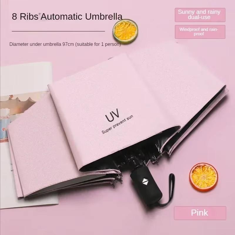 Automatic Rain & Sun Umbrella Black Coating Parasol Anti-UV 3 Folding Wind Resistant Auto Luxury Big Windproof Women Men 8Ribs
