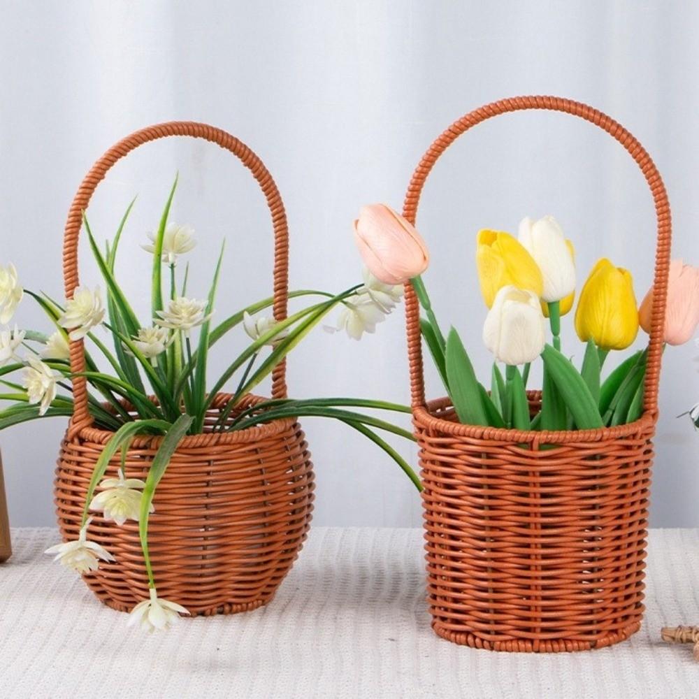 Hand-Woven Imitation Rattan Basket Willow Rattan Picnic Weaving Basket Flower Girl