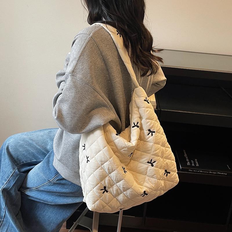 Nyl Solid Color Bow Diamd Grid Embroidery Casual Tote 2026 New Casual Bags Casual Leisure Sweet Versatile Women's Handbags