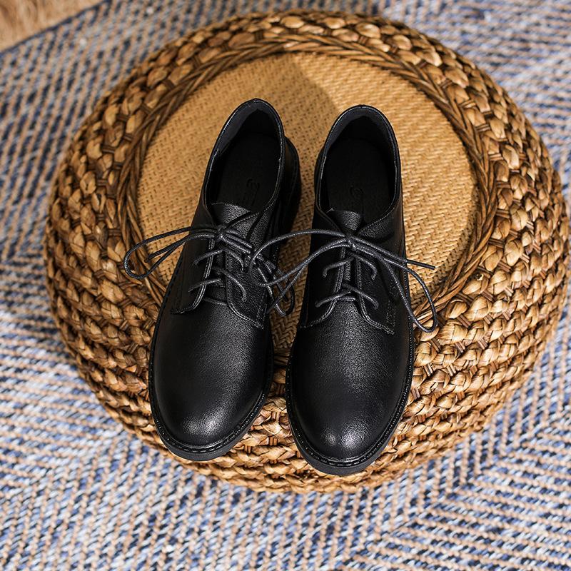 Yuexinwang genuine leather flat for Huizhou women's shoes Su Yinyin same shoes front lace-up black retro versatile small leather shoes
