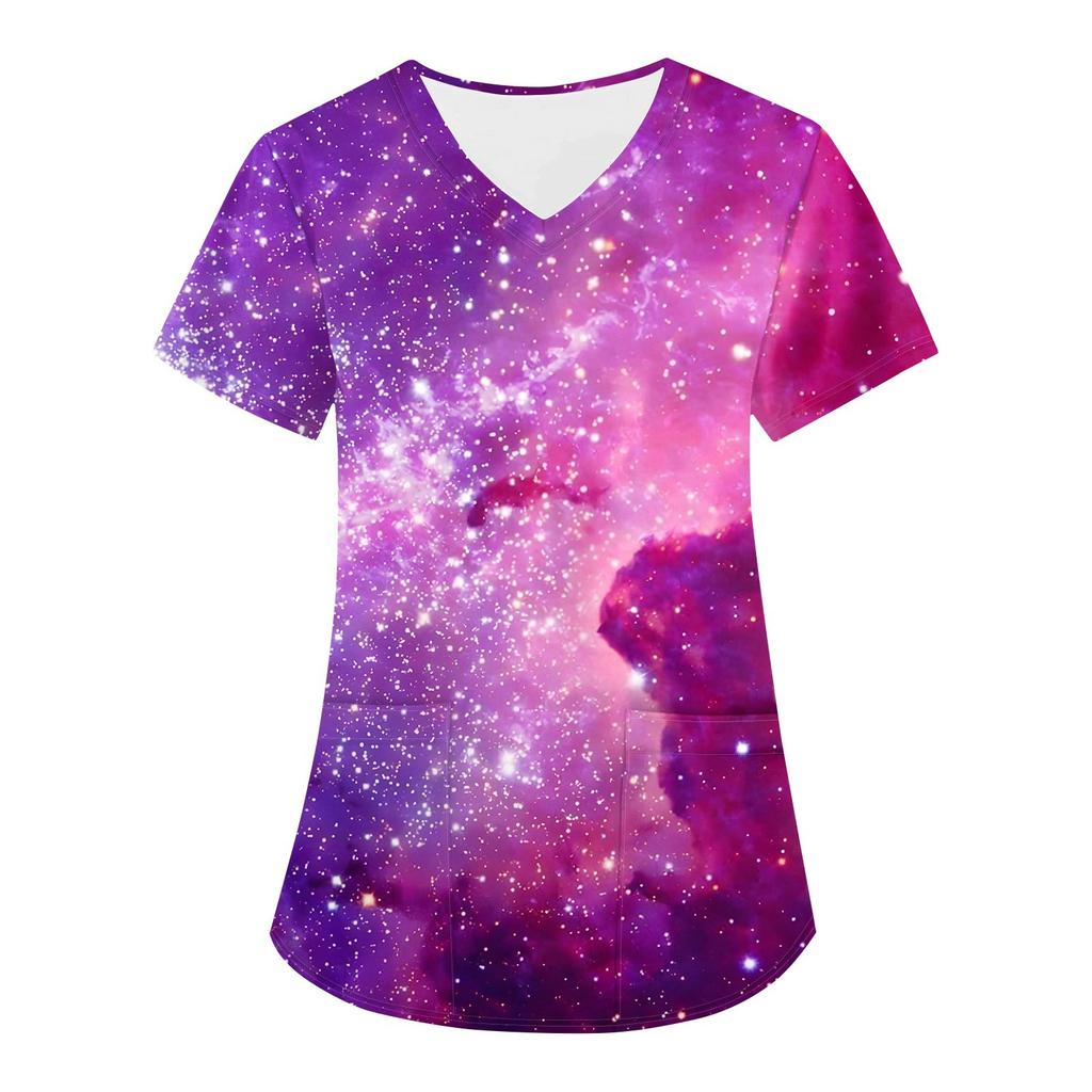 Women's Fashion Astral Printed Short Sleeve V-Neck Top Small Pocket Work T-Shirt