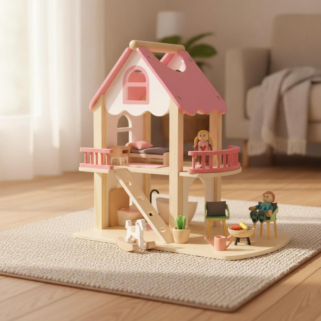 Pink Wooden Dollhouse | Multi-Level Open Layout, with Stairs, Toy, for