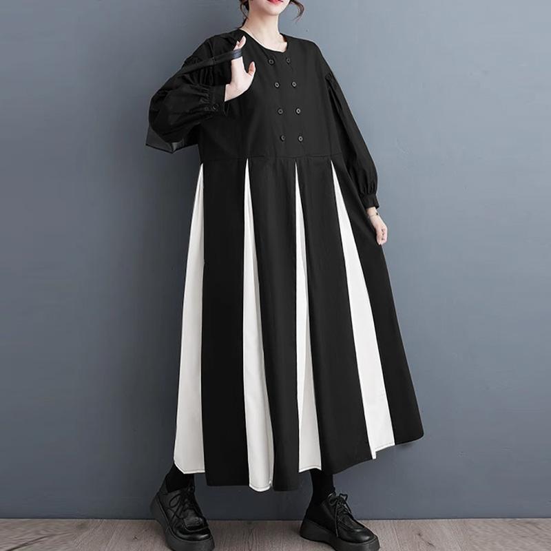 

ZANZEA Женская мода круглый вырез двубортный длинный рукав А-силуэт платья L чёрный