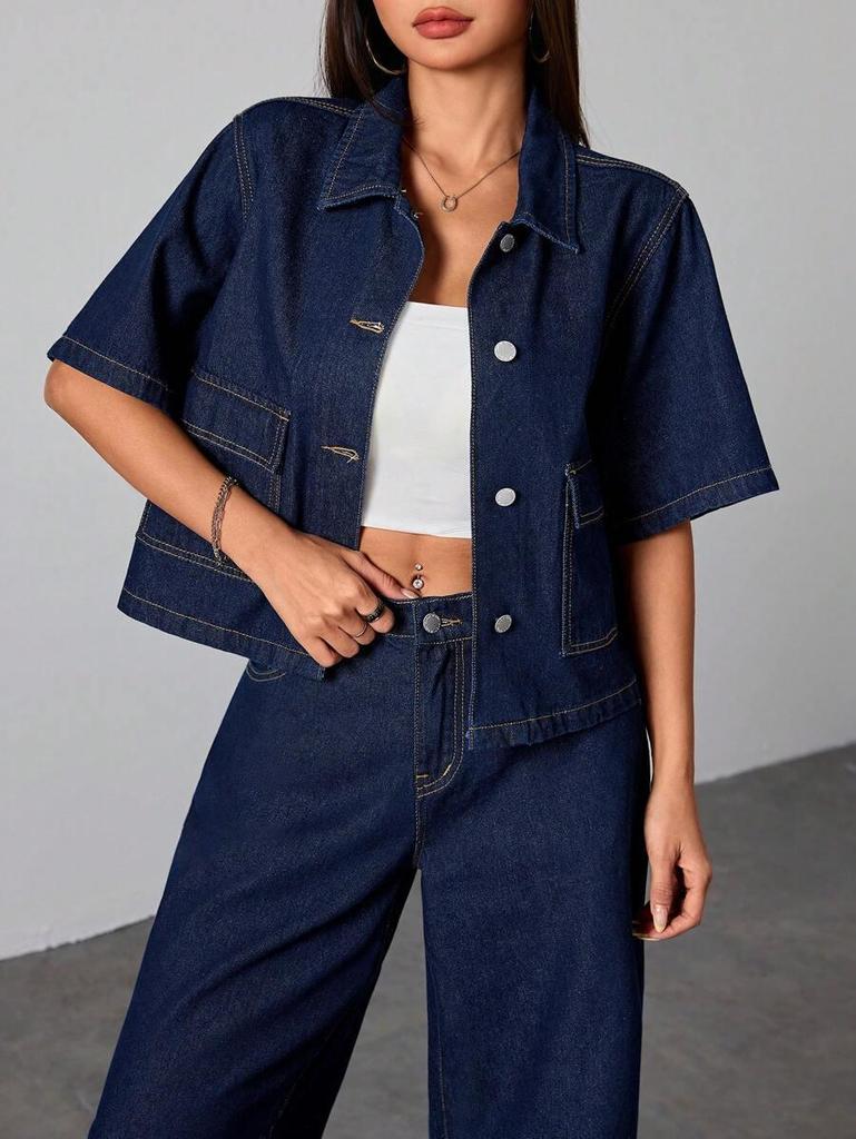 2026 Summer Short-Sleeved Denim Jacket with Large Pockets