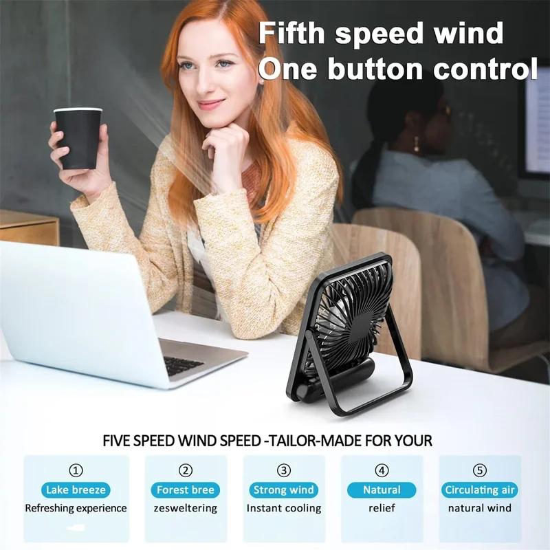 Refreshing And Cold Air Portable USB Charging Desktop Fan–180 Tilt Folding Personal Fan, 5 Speed, Ultra Quiet, With Power Bispla
