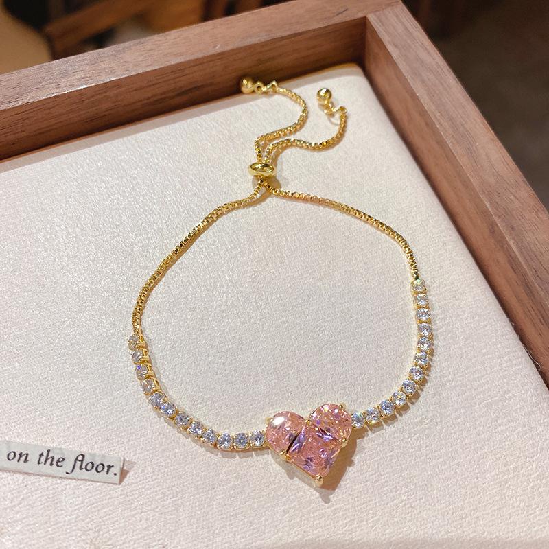 Women Gold Plated Pink Zircon Bracelet Full Rhinestone Crystal Romantic Wedding Jewelry Gift