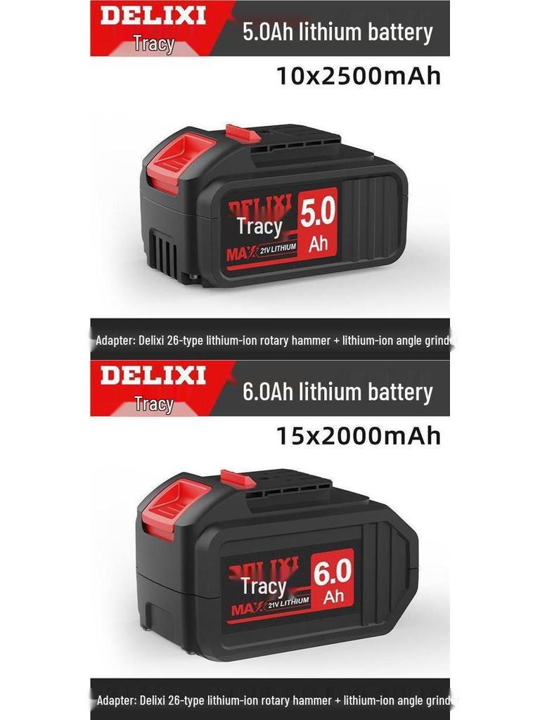 Delixi Lithium Battery Tool Set: Electric Hammer, Reciprocating Saw, Hand Drill, Angle Grinder, Wrench, Charger.