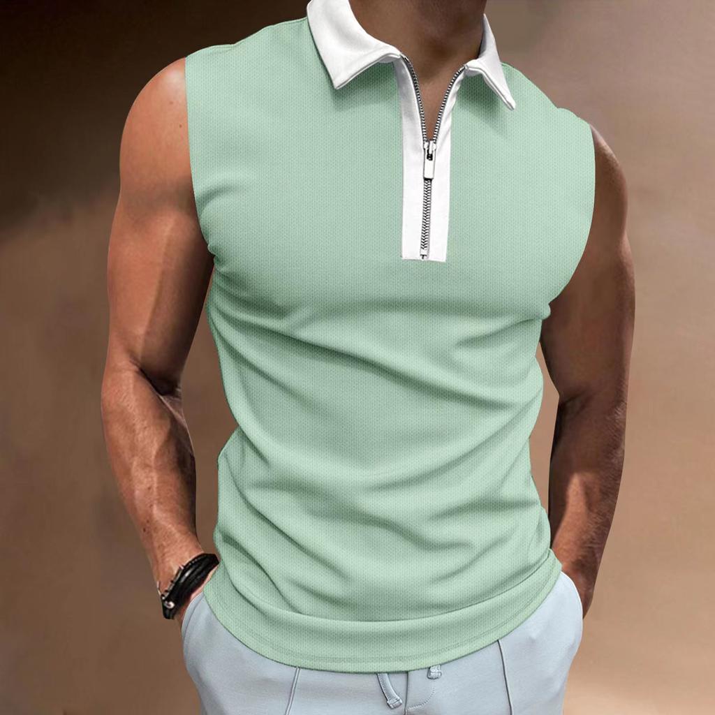 European and American Men's T-shirt 2023 New Color Matching Thin Sleeveless POLO Top Foreign Trade Casual Men
