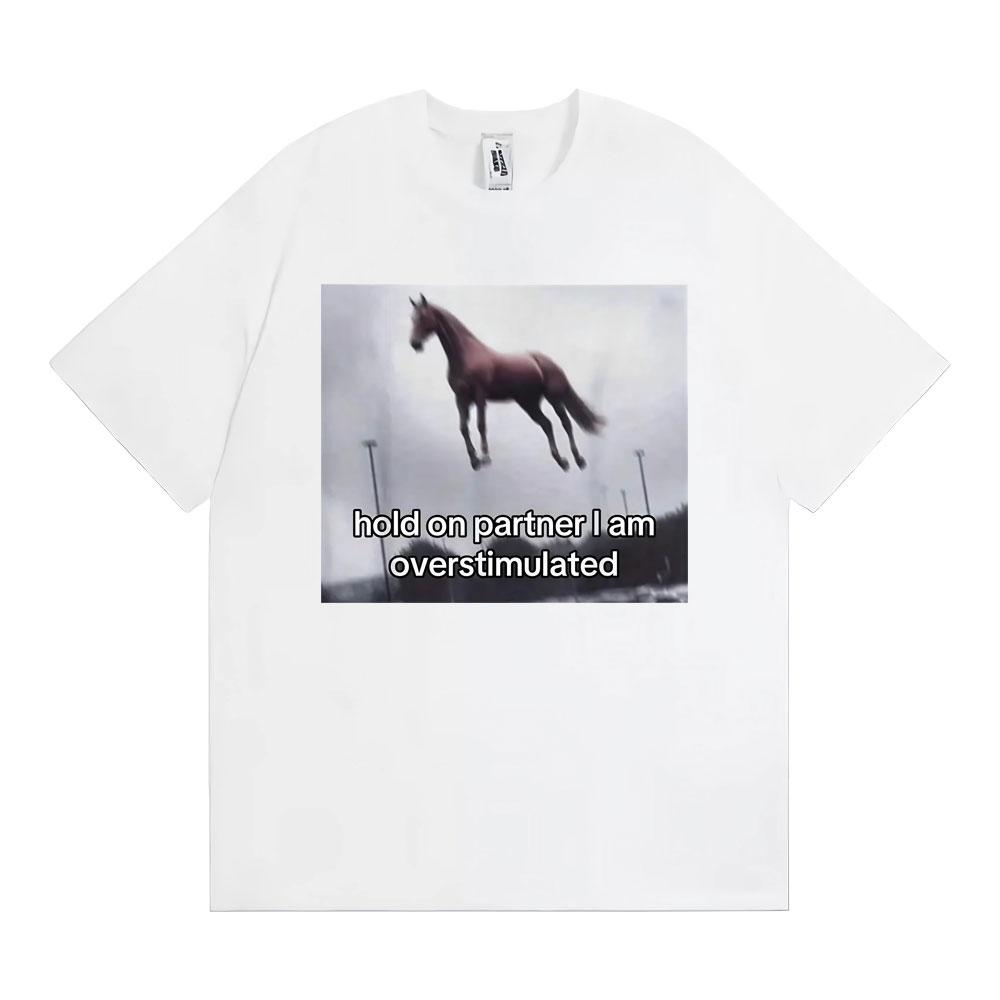 Halte durch, Kumpel, ich bin überreizt Pferd T-Shirt Lustiges Angst-Meme T-Shirts Herren Damen Mode Lässig Humor Kurzarm T-Shirt