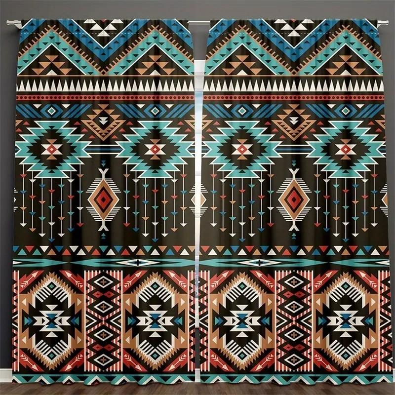 

Set Of 2 Boho Geometric Ethnic Curtains Polyester Window Drapes Home Decor Curtain Room Darkening With Rod Pocket W100*H70(CM)-Grommet top&1PCS