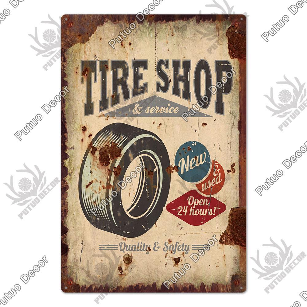 Decor Tire Shop Vintage Tin Sign Plaque Metal Iron Plate Wall Adornment for Garage Gas Station Car Sale Repair Poster
