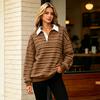 Women's Trendy Long Sleeve Striped V-Neck Casual Tee Shirt Versatile Pullover Top