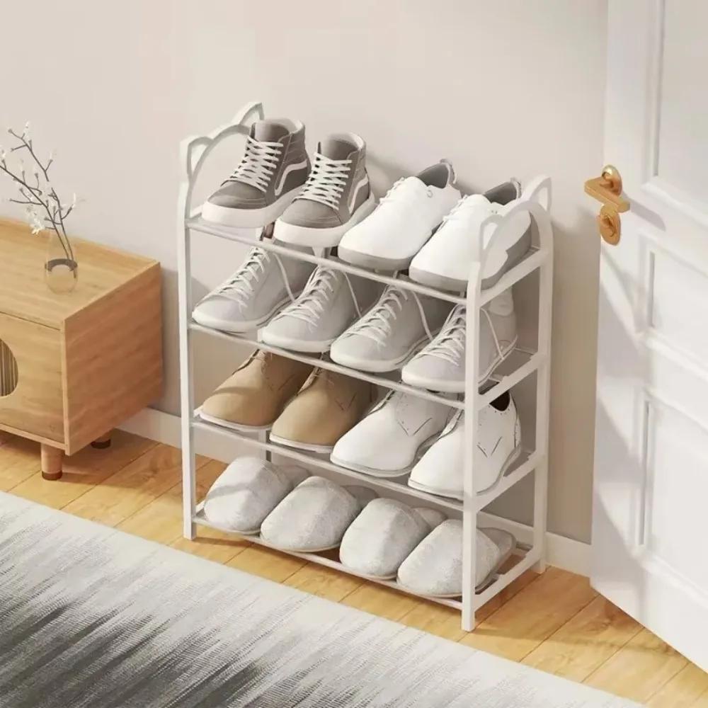 4 Layers Simple Shoe Rack Cat's Ears Design No Hole Assembly Metal Integrated Racks Economical Floor Standing Home Shoe Shelf