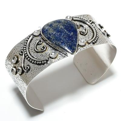 Natural Lapis Lazuli Gemstone 925 Sterling Silver Cuff Bangle Adjustable P0k36