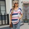 2025 Spring Summer Women's V Neck Batwing Sleeve Pocket T-Shirt, Printed Striped Casual Blouse Top