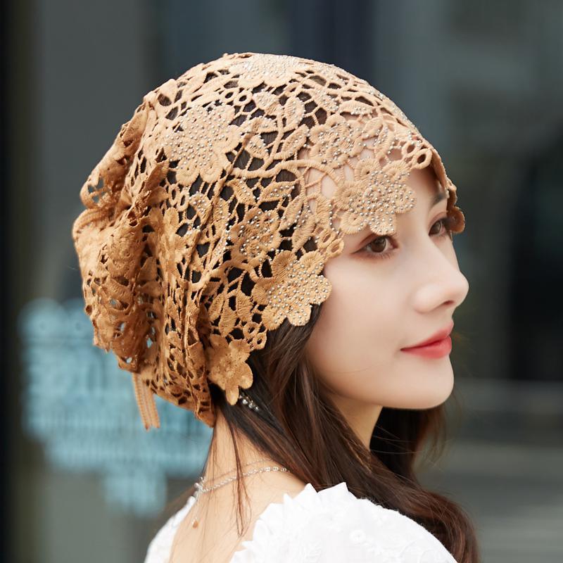 Women's Spring Summer Hollow Out Rhinestone Trimmed Ponytail Headscarf Hat Versatile Scarf Tied Multi Use Crochet Head Wrapping Hat
