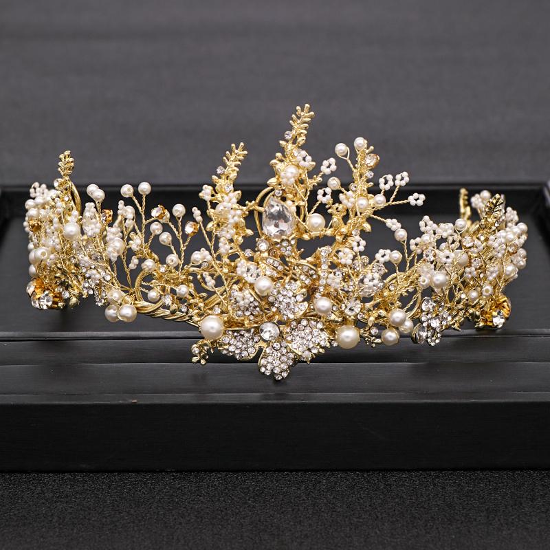 Trendige Hochzeitskrone Handgefertigt Barock Gold Perle Strass Kristall Krone Hochzeits-Haarschmuck Krone Braut Hochzeitskrone