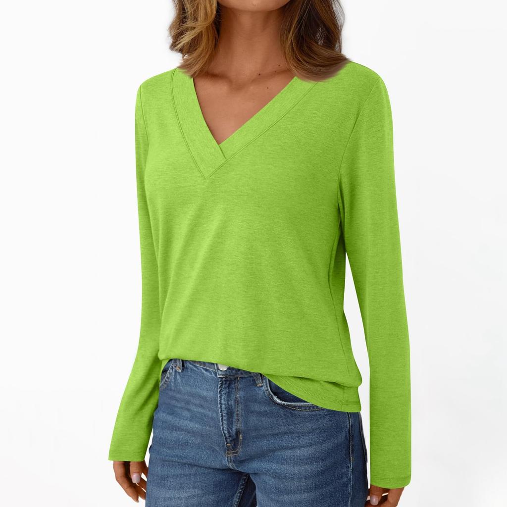 Women's Casual Fashion Brushed Solid Color Long-sleeved V-neck Top T-shirt
