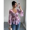 DAFIFY Women's Fashion Casual Spring Autumn Flower Pattern Print Long Sleeve V-Neck Blouses & Shirts