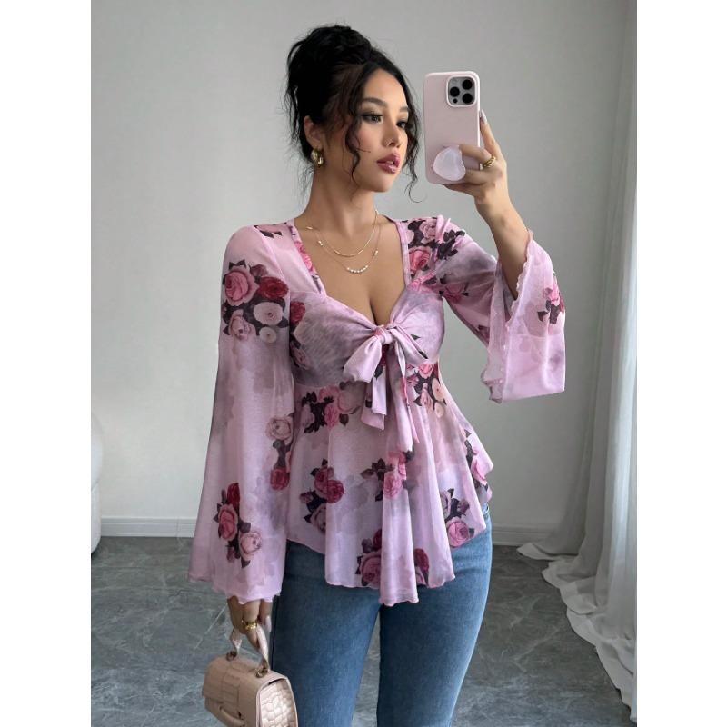 DAFIFY Women's Fashion Casual Spring Autumn Flower Pattern Print Long Sleeve V-Neck Blouses & Shirts