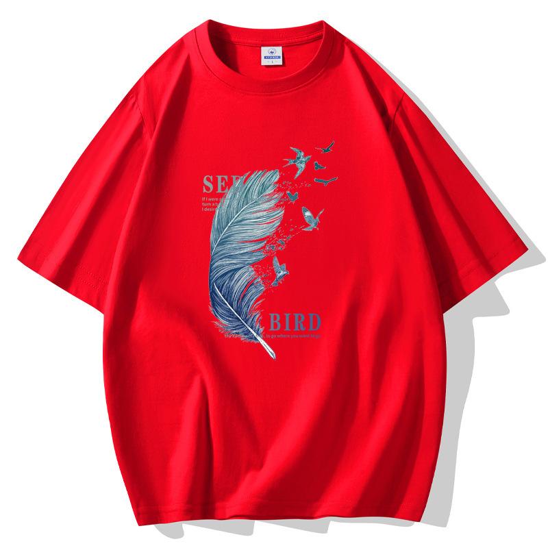 10 Colors Feather Man's Short Sleeves Loose T-shirt 100% Cotton Casual Tee Size S-5XL