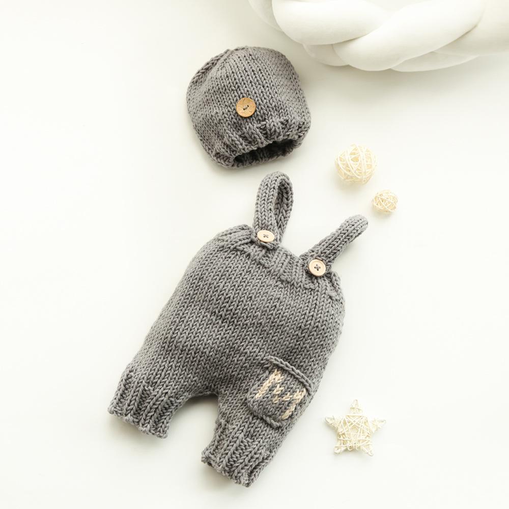 2020 Newborn Photo Props: 2-Color Knit Baby Overalls & Hat Set