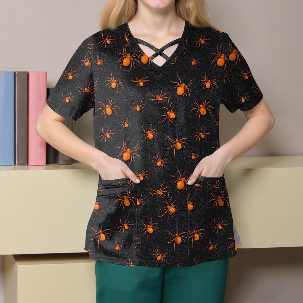 Dámská móda Křížový V výstřih Krátký rukáv Kombinézy Dvojité kapsy Halloweenské Potištěné Topy Uniformy