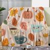 Vintage Autumn-Themed Flannel Throw Blanket with Pumpkin Coffee Cup and Leaf Print Soft Warm Cozy